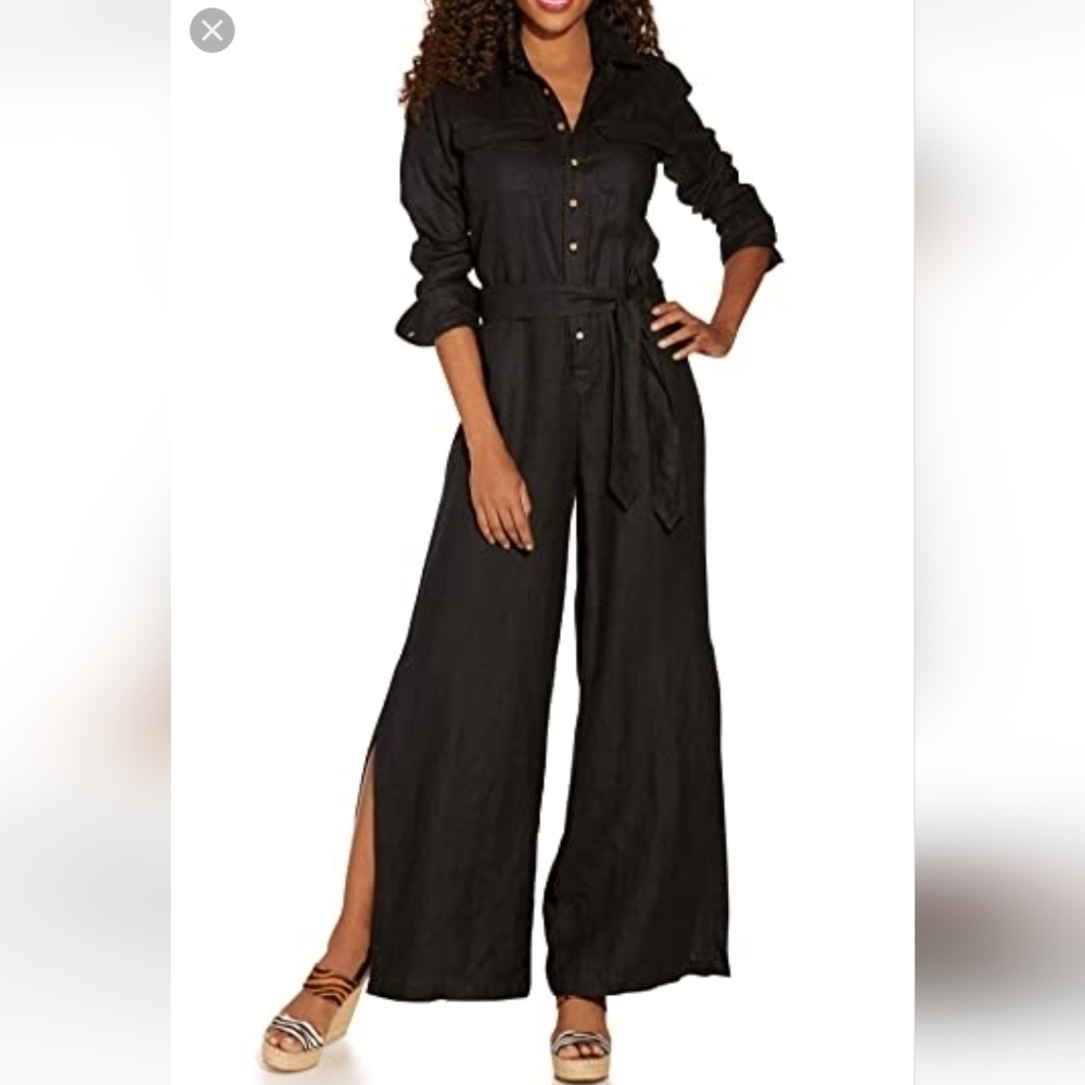 Boston Proper Long-Sleeve Linen Wide-Leg Utility Jumpsuit Small Black - Picture 2 of 13